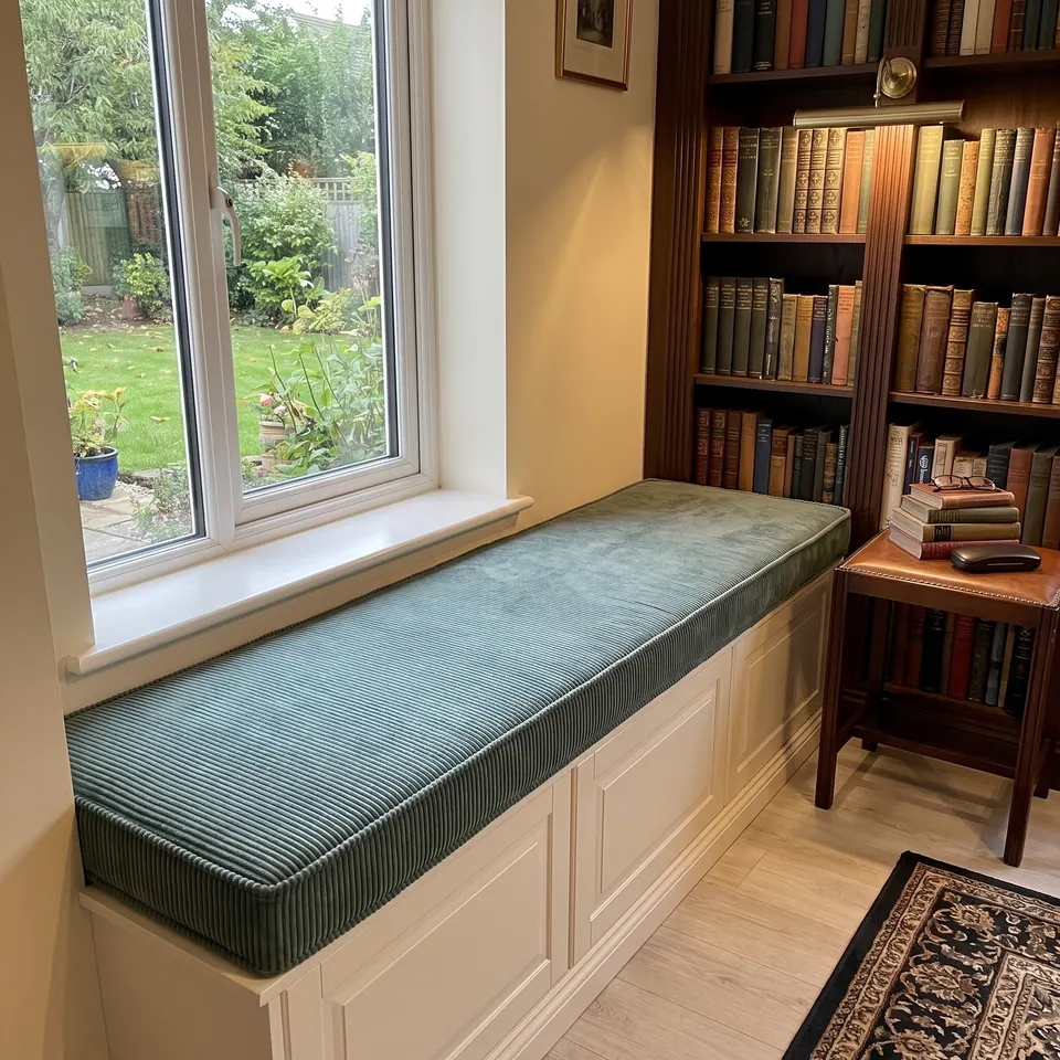 Teal corduroy box cushion on a white paneled window seat beside a dark wood bookcase of old books and a Persian rug