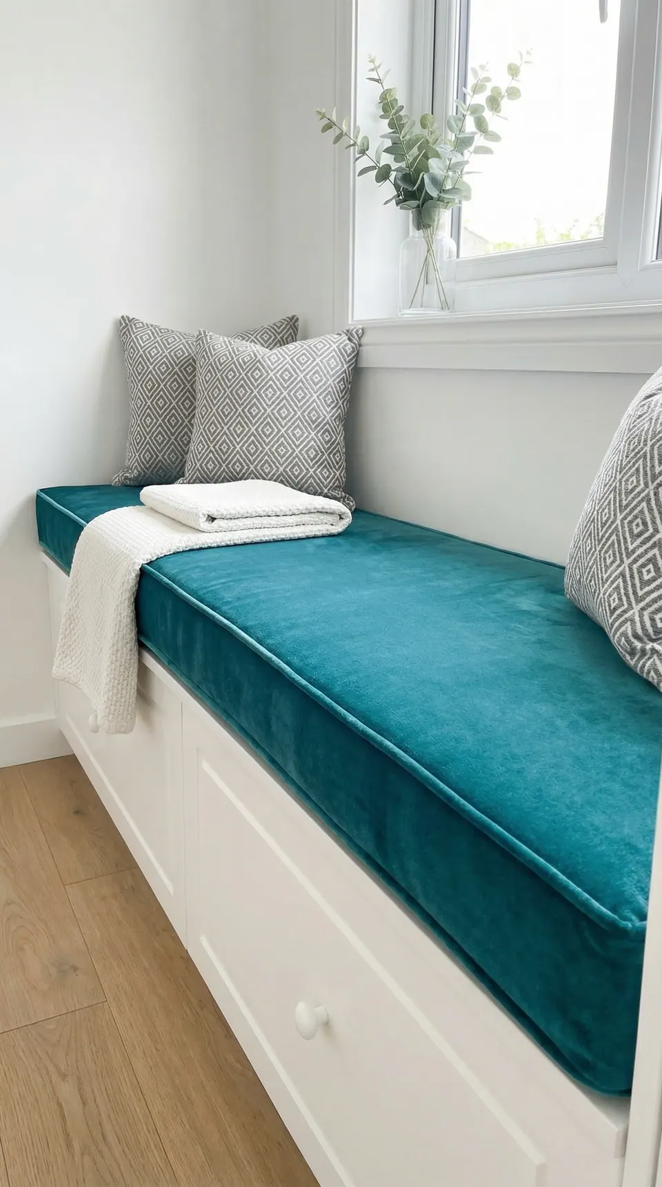 Teal velvet box cushion on a white storage window bench with gray geometric pillows and eucalyptus on the sill
