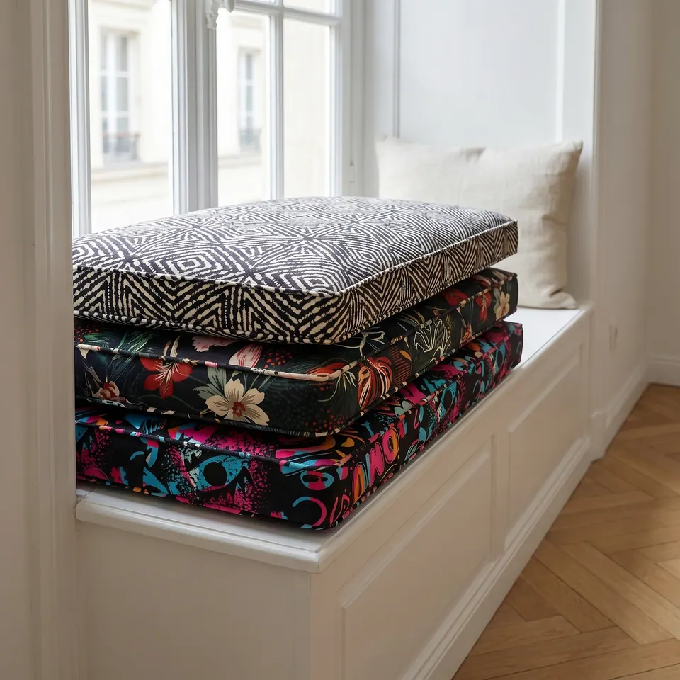Three stacked box cushions on a white window bench: black and white diamond print, dark tropical floral and neon graffiti