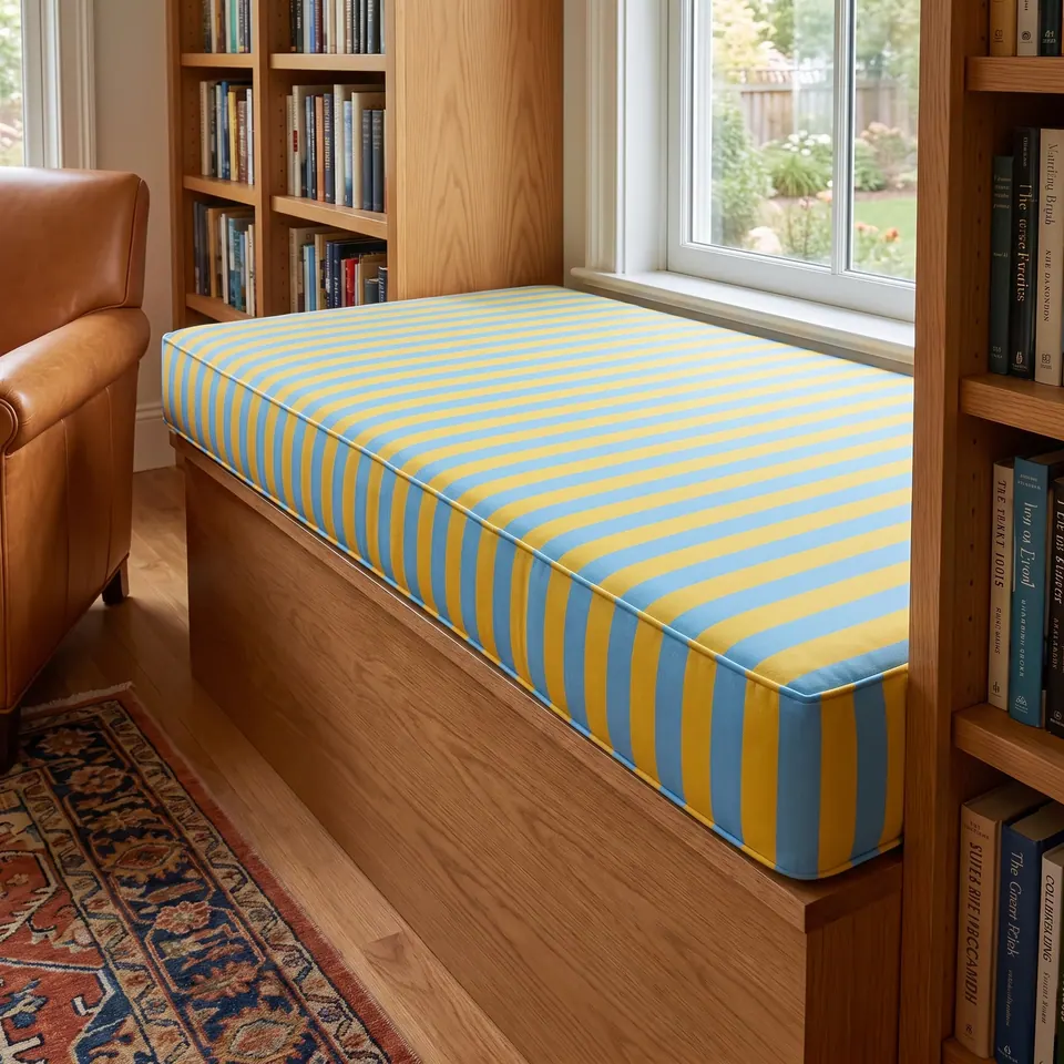 Yellow and sky-blue striped box cushion with self piping on an oak library window seat beside a leather armchair