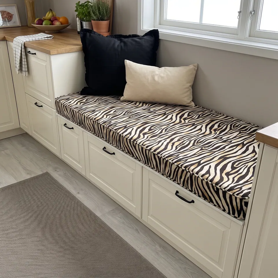 Cream and black zebra-stripe window seat cushion on shaker kitchen drawers with black cup handles under a white window